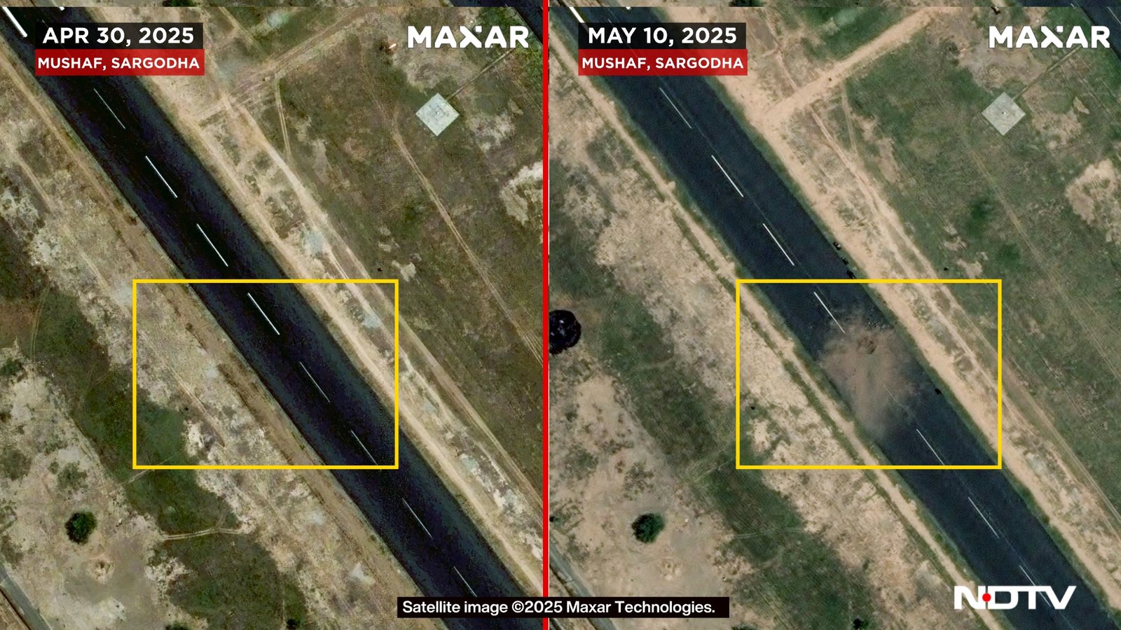 The Sargodha air bases runway was damaged at two locations. High-res zoomed in here. The Sargodha air bases runway was damaged at two locations. High-res zoomed in here.