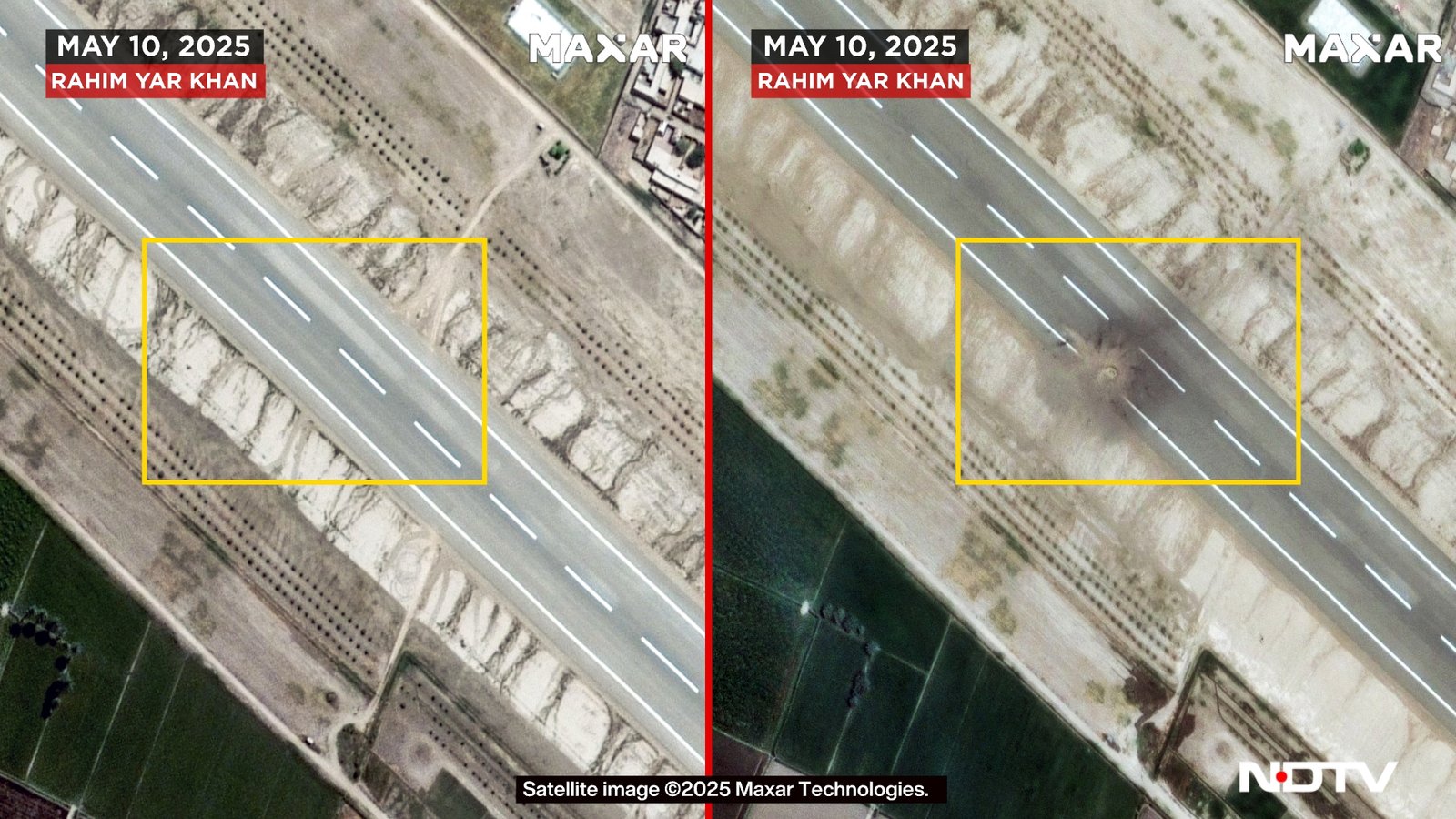 A huge crater was formed on the side of the runway after Indian strikes. High-res zoomed in here A huge crater was formed on the side of the runway after Indian strikes. High-res zoomed in here
